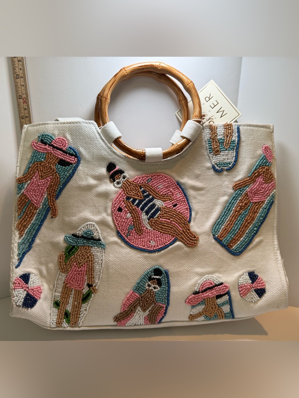* Beach Girls Tote Bag w/Bamboo Handles - Canvas with Pink & Blue Beaded Accents